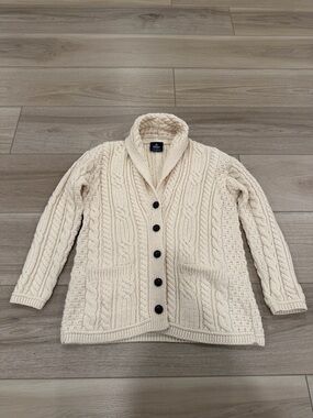 Aran Woolen Mills Knit Trellis Button Cardigan Cream Size L 100% Merino Wool